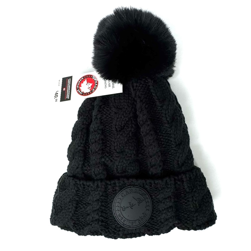 Canada Weather Gear Black Beanie Cable Knit Pom Pom NEW!